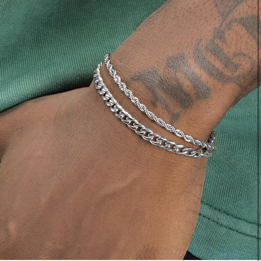 Silver Cuban Chain Bracelet Set, Waterproof Stainless Steel, Adjustable - Picture 7 of 9